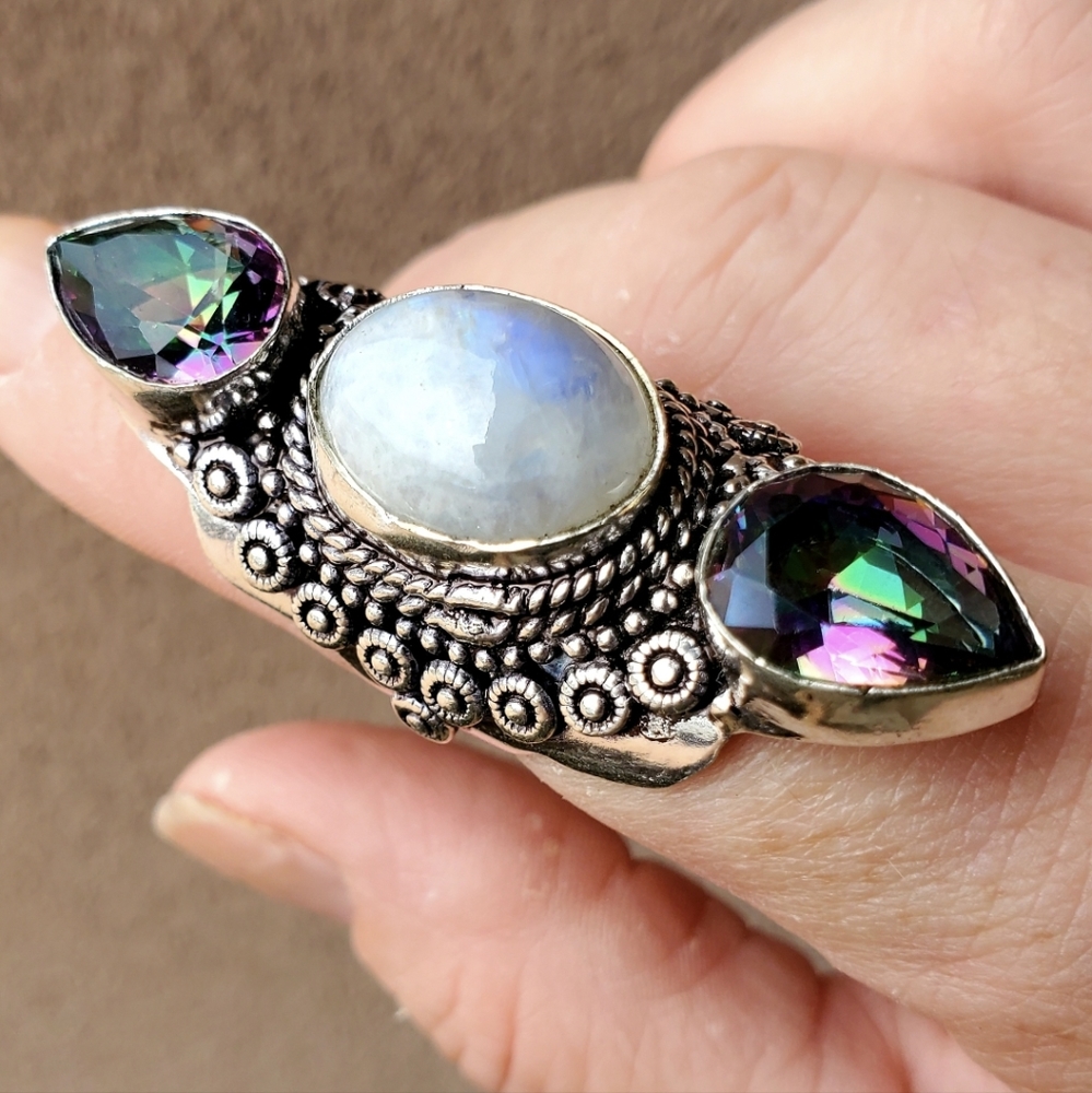 New Rainbow Moonstone & Mystic Topaz Silver Statement Ring.